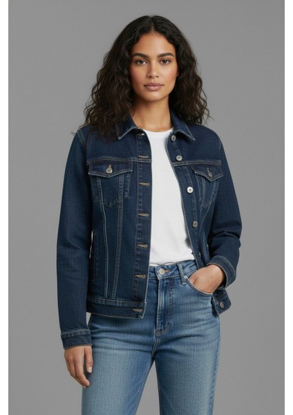 Kadın Rahat Kesim Çift Cepli Denim Kot Ceket