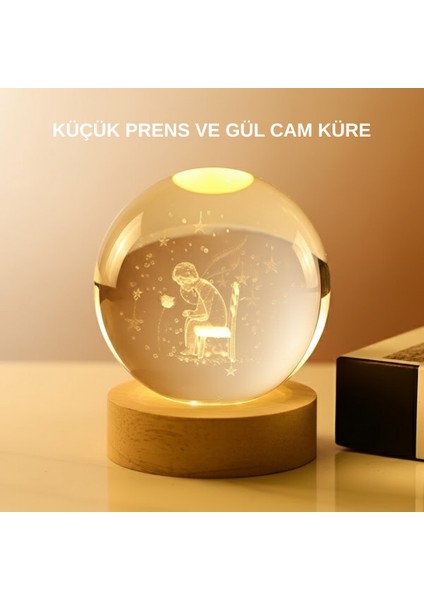 Usb’li Küçük Prens Işıklı Cam Küre Ahşap Altlıklı Dekoratif Lamba