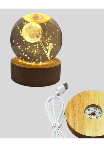 3D Astronot Kristal Küre Gece Lambası USB Ahşap Standlı Dekoratif Işık fiyatları