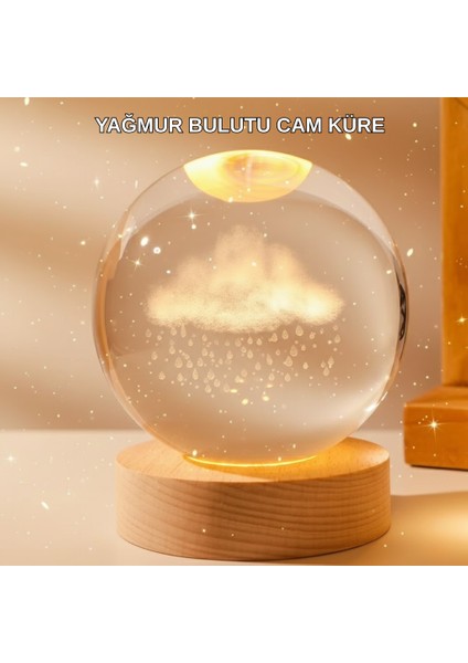 8 cm 3D Yağmur Bulutu Kristal Küre LED Gece Lambası Ahşap Standlı Tasarım Lamba