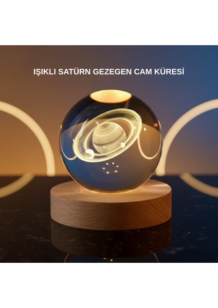 3D Satürn Gravürlü Kristal Küre Dekoratif LED Işıklı Gece Lambası