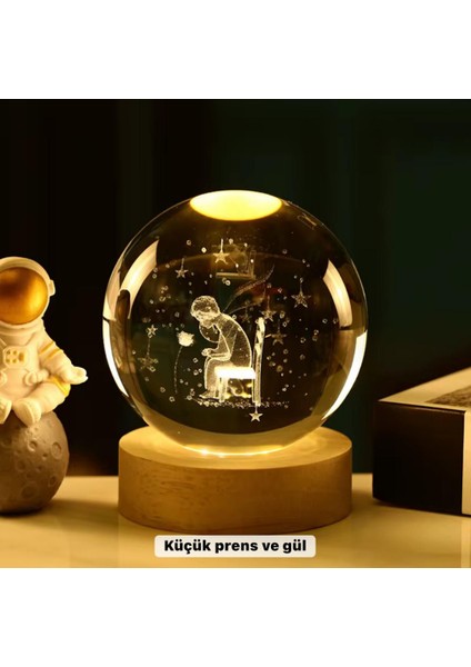 Küçük Prens Temalı Büyük Boy Işıklı Cam Küre Ahşap Stand