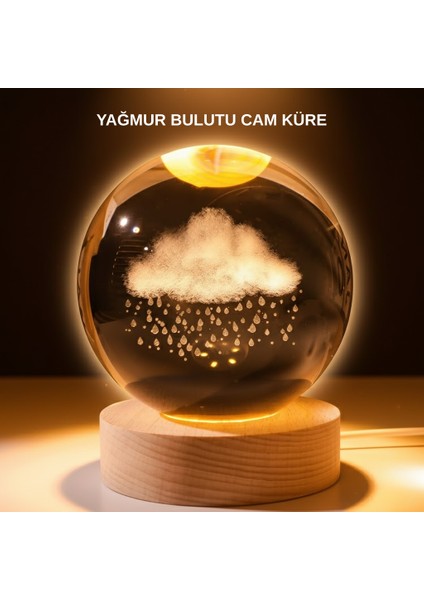 USB LED 3D Yağmur Bulutu Kristal Küre Sıcak Işıklı Ahşap Standlı Gece Lambası