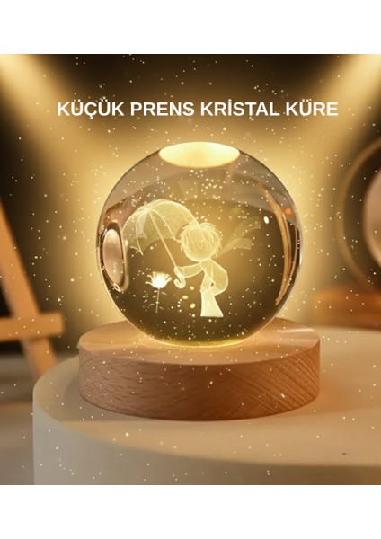 USB LED 3D Küçük Prens Kristal Küre Ahşap Standlı Gece Lambası
