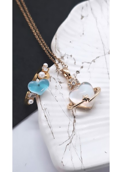 Kadife Kutulu Kalp Figür Çelik Kolye Yüzük Set