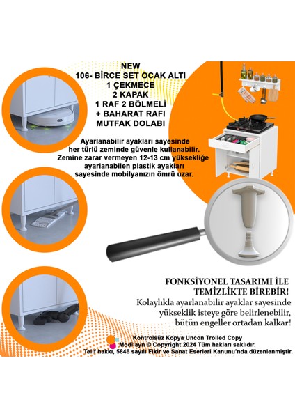 Yankı 56 cm Derinlik 65 cm Genişlikte Dolap Baharat Raflı Set Üstü Ocak Uyumlu 65X88X56 cm Dolap