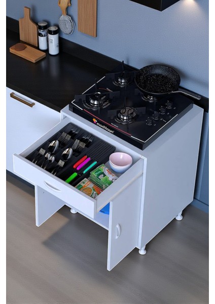 Lumin Tüp Yuvalı 60 cm Ankastre Ocak Altı Dolap 60X88X48 cm Beyaz Dolap Çekmeceli Mutfak Organizeri