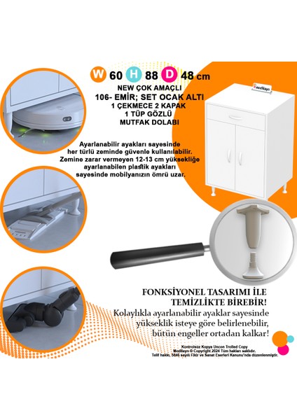 Lumin Tüp Yuvalı 60 cm Ankastre Ocak Altı Dolap 60X88X48 cm Beyaz Dolap Çekmeceli Mutfak Organizeri