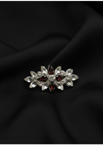 Kırmızı Zarif Yaprak Formlu Kristalli Broş