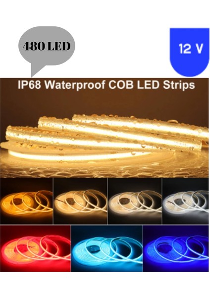 12 Volt 8 mm 480 Ledli Esnek Cob Şerit Kırmızı Dış Mekan IP68 5 Metre modelleri