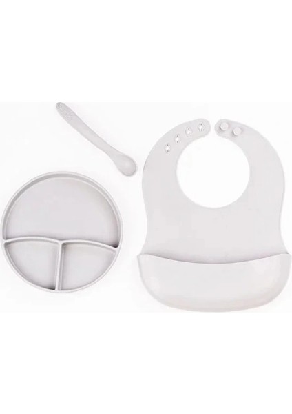 Gri 3’lü Silikon Yemek Seti – Önlük + Diş Kaşıyıcılı Kaşık + Vakumlu Tabak