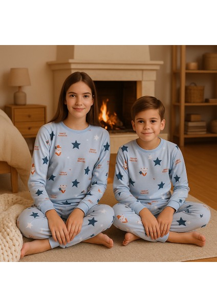 %100 Pamuk Mavi Yıldız Desenli Çocuk Pijama Takımı (8-13 Yaş)