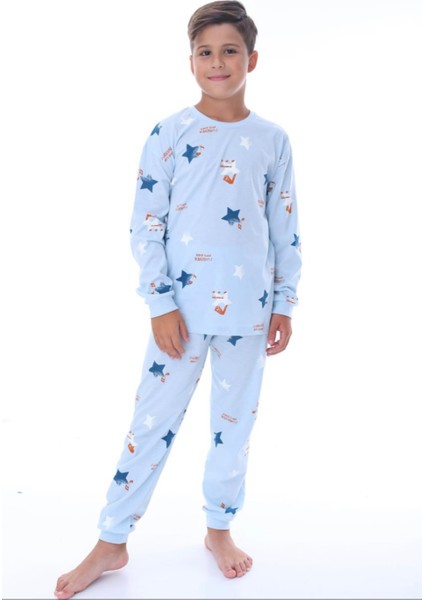 %100 Pamuk Mavi Yıldız Desenli Çocuk Pijama Takımı (8-13 Yaş)