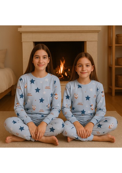 %100 Pamuk Mavi Yıldız Desenli Çocuk Pijama Takımı (8-13 Yaş) fiyatları
