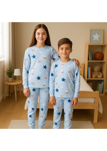 %100 Pamuk Mavi Yıldız Desenli Çocuk Pijama Takımı (8-13 Yaş) modelleri