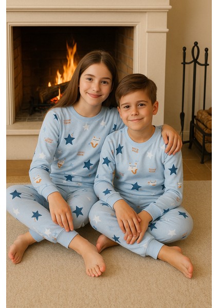 %100 Pamuk Mavi Yıldız Desenli Çocuk Pijama Takımı (8-13 Yaş) fırsatları