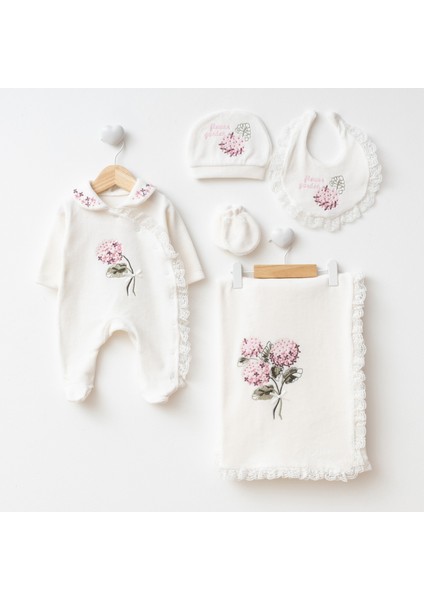 Ortanca Çiçekli Kadife %100 Pamuklu Yenidoğan Organik Hastane Çıkış Seti Kız Bebek