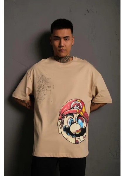 Mdb Erkek Ario Baskılı Oversize Thirt Bej