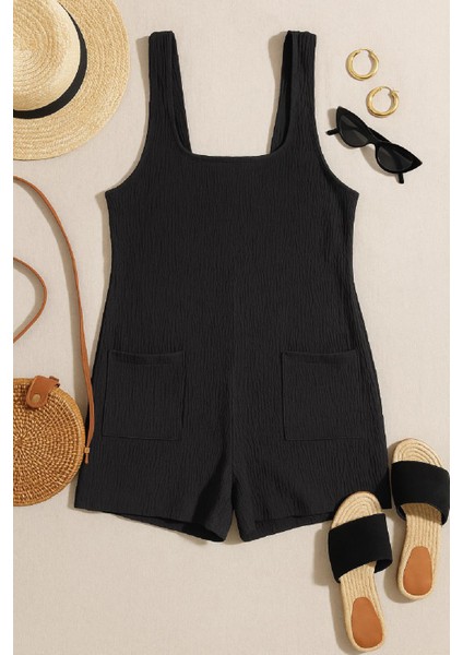 Kadın Siyah Mini Cepli Tulum Plaj Elbisesi modelleri