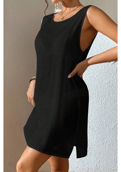 Kadın Siyah Sırt Detaylı Yırtmaçlı Plaj Elbisesi Pareo modelleri