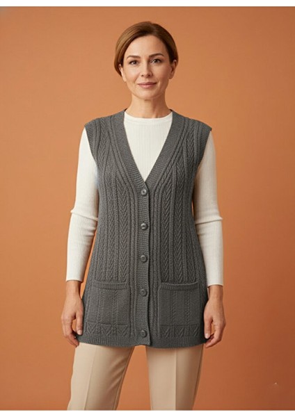 Kadın Düğmeli Esnek Kalın Anne Triko Yelek