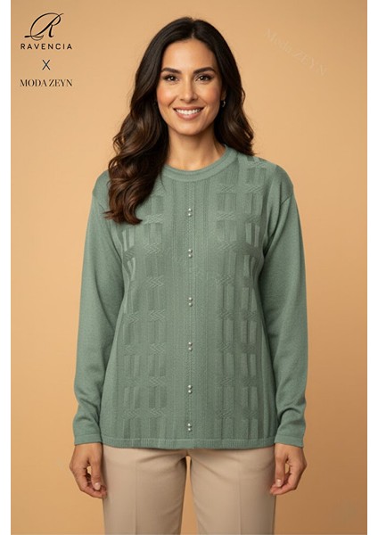 Kadın Bisiklet Yaka Likralı Desenli Triko Anne Kazak