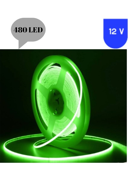 12 Volt 8 mm 480 Ledli Esnek Cob Şerit Yeşil Dış Mekan IP68 5 Metre