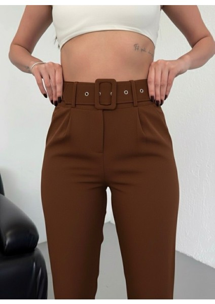 Kadın Havuç Paça Ithal Kumaş Doubleface Kemerli Yüksek Bel Kumaş Pantolon