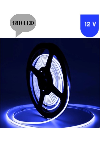 12 Volt 8 mm 480 Ledli Esnek Cob Şerit Mavi Dış Mekan IP68 5 Metre