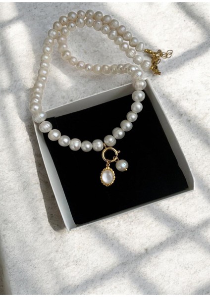 Sertifikalı Doğal Inci Kolye - Sedef Charm - Çelik Aparat 45 cm