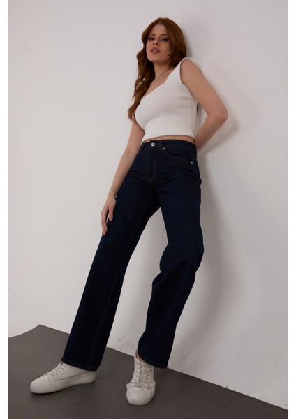 Koyu Mavi Lacivert Süper Extra Yüksek Bel Palazzo Salaş Jean Pantolon