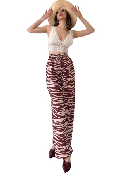 Desenli Belden Lastikli Pantolon - Kahve Desenli̇