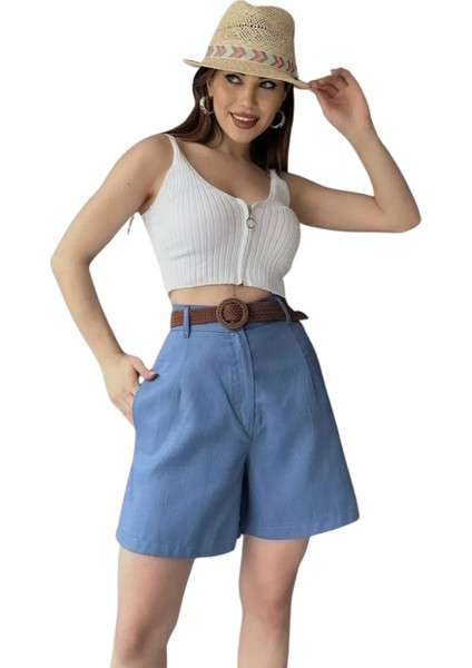 Rahat Kesim Kemerli Mom Şort-Açik Mavi̇