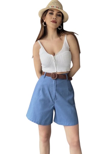 Rahat Kesim Kemerli Mom Şort-Açik Mavi̇ fiyatları