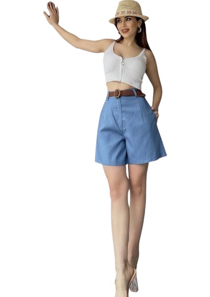 Rahat Kesim Kemerli Mom Şort-Açik Mavi̇ modelleri