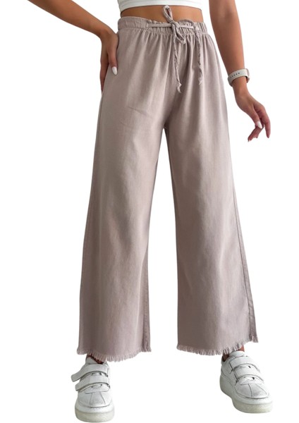 Palazzo Pantolon Paçası Püsküllü -Bej