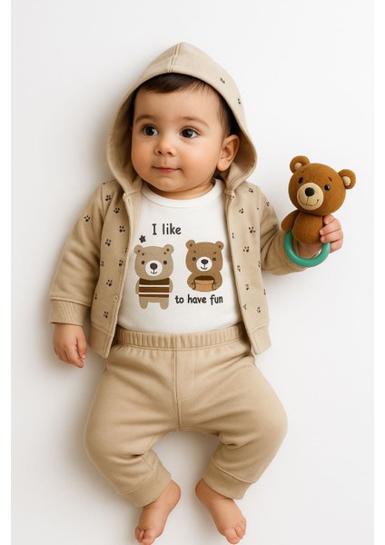 Erkek bebek kapşonlu çıtçıtlı Zıbınlı ve pantolon 3 parça erkek bebek takım