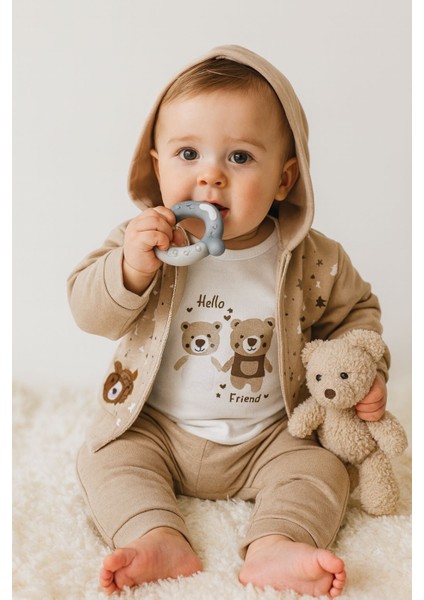 Erkek bebek kapşonlu çıtçıtlı Zıbınlı ve pantolon 3 parça erkek bebek takım modelleri