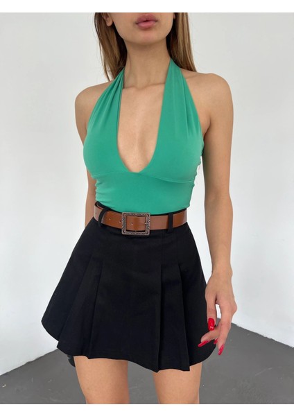 Kemerli Pileli Şort Etek - Si̇yah