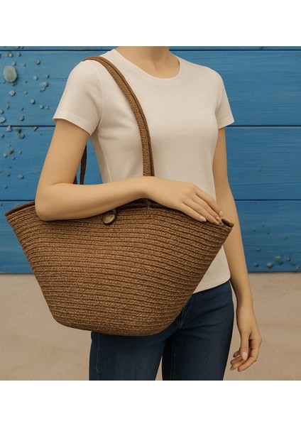 El Yapımı Örgü Omuz Çantası & Plaj Çantası Kaverengi fırsatları