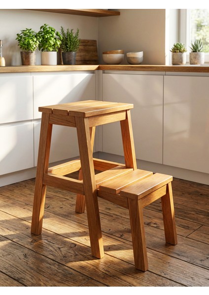 Çok Amaçlı Ahşap Merdiven Tabure – 2 Basamaklı - El Yapımı