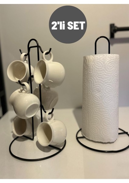 2'li Dekoratif Düzenleyici Set - Fincan Askılığı,fincanlık -Dik Kağıt Havluluk,tezgah Üstü Havluluk