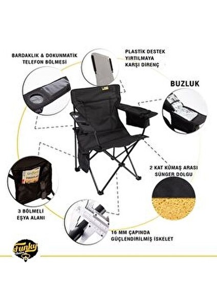 Cool Ice Siyah Lüks Kamp Sandalyesi Demir Plastik Malzeme ile Ekstra Konfor