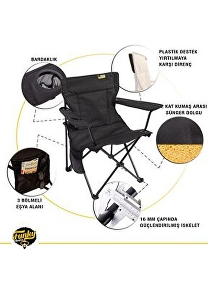 V2 Siyah Lüks Kamp Sandalyesi XL Katlanabilir PVC Kumaş ve Bardaklık Özellikli