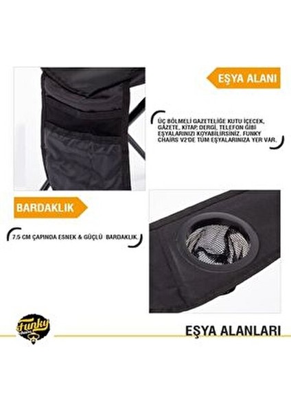 V2 Siyah Lüks Kamp Sandalyesi XL Katlanabilir PVC Kumaş ve Bardaklık Özellikli
