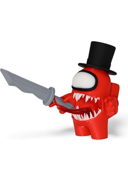 Among Us Kırmızı Impostor 10CM Karakter Figürü – Şapka, Kılıç ve Dişli Özel 3D Kollu Tasarım