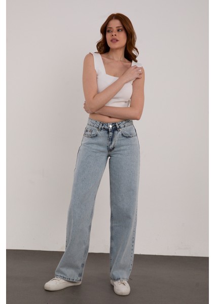 Buz Mavi Palazzo Salaş Paça Süper Yüksek Bel Jean Pantolon