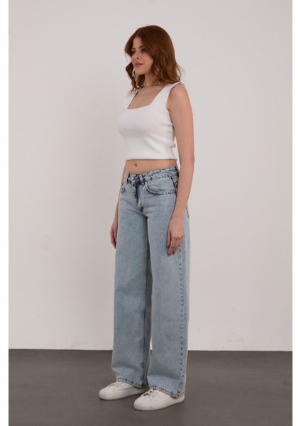 Buz Mavi Palazzo Salaş Paça Süper Yüksek Bel Jean Pantolon fiyatları
