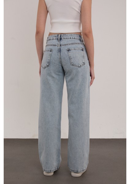 Buz Mavi Palazzo Salaş Paça Süper Yüksek Bel Jean Pantolon