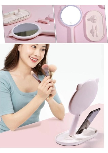 Kedi Kulaklı Telefon Standlı Yuvarlak Dokunmatik LED Ayarlı Masa Üstü Makyaj Aynası ( Lisinya ) modelleri